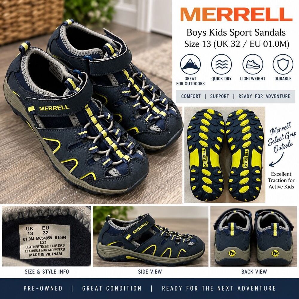 Merrell Kids Sport Sandals Navy Lime Closed Toe Outdoor Hiking Shoes Size 1M EU3